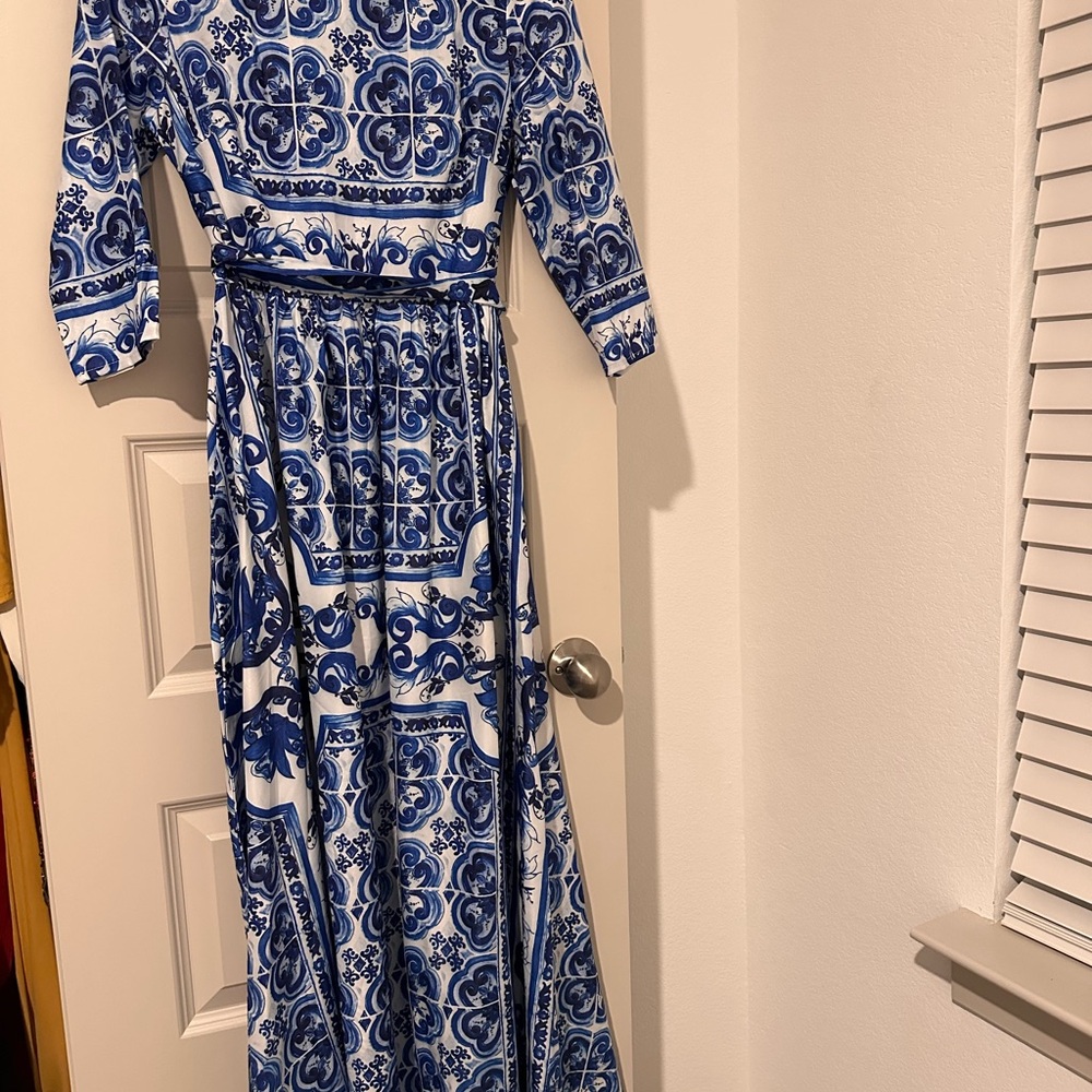 Blue and White Long Sleeve Maxi Dress